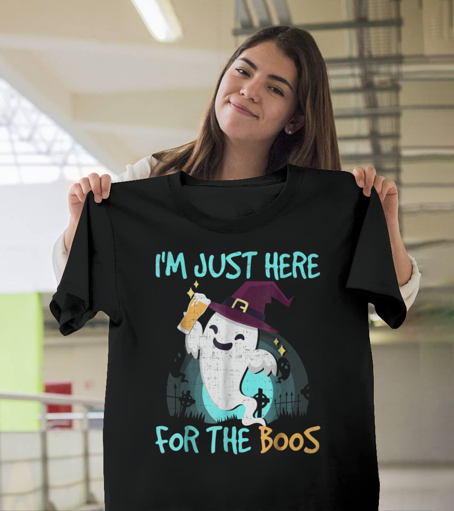 I'm Just Here for the Boos Halloween Ghost with Witch Hat and Beer T-Shirt