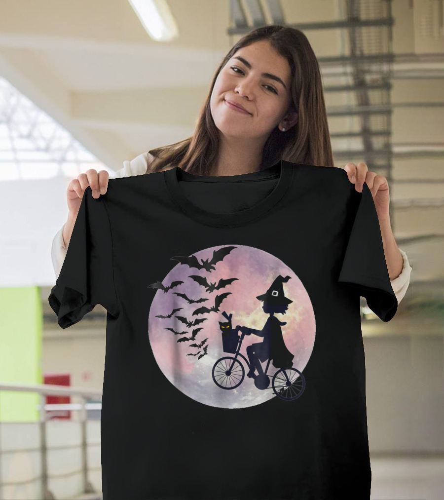 Halloween Witch Cycling with Cat and Bats in Moonlight T-Shirt