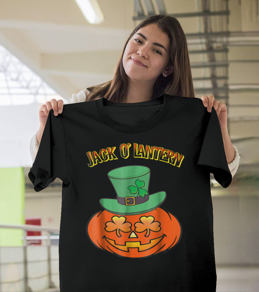 Irish Jack O' Lantern Shamrock Hat Pumpkin with Shamrock Eyes T-Shirt