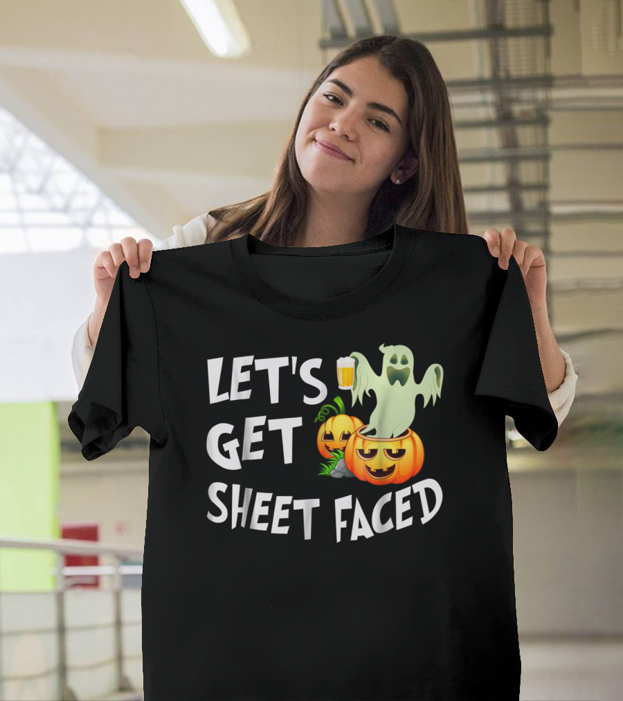 Let's Get Sheet Faced Ghost Drinking Beer Jack O'Lanterns Halloween T-Shirt