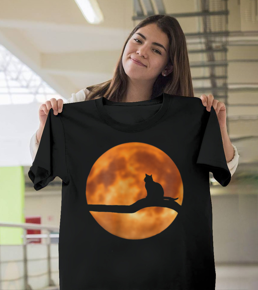 Mercurial Halloween Cat Silhouette Against Full Moon T-Shirt