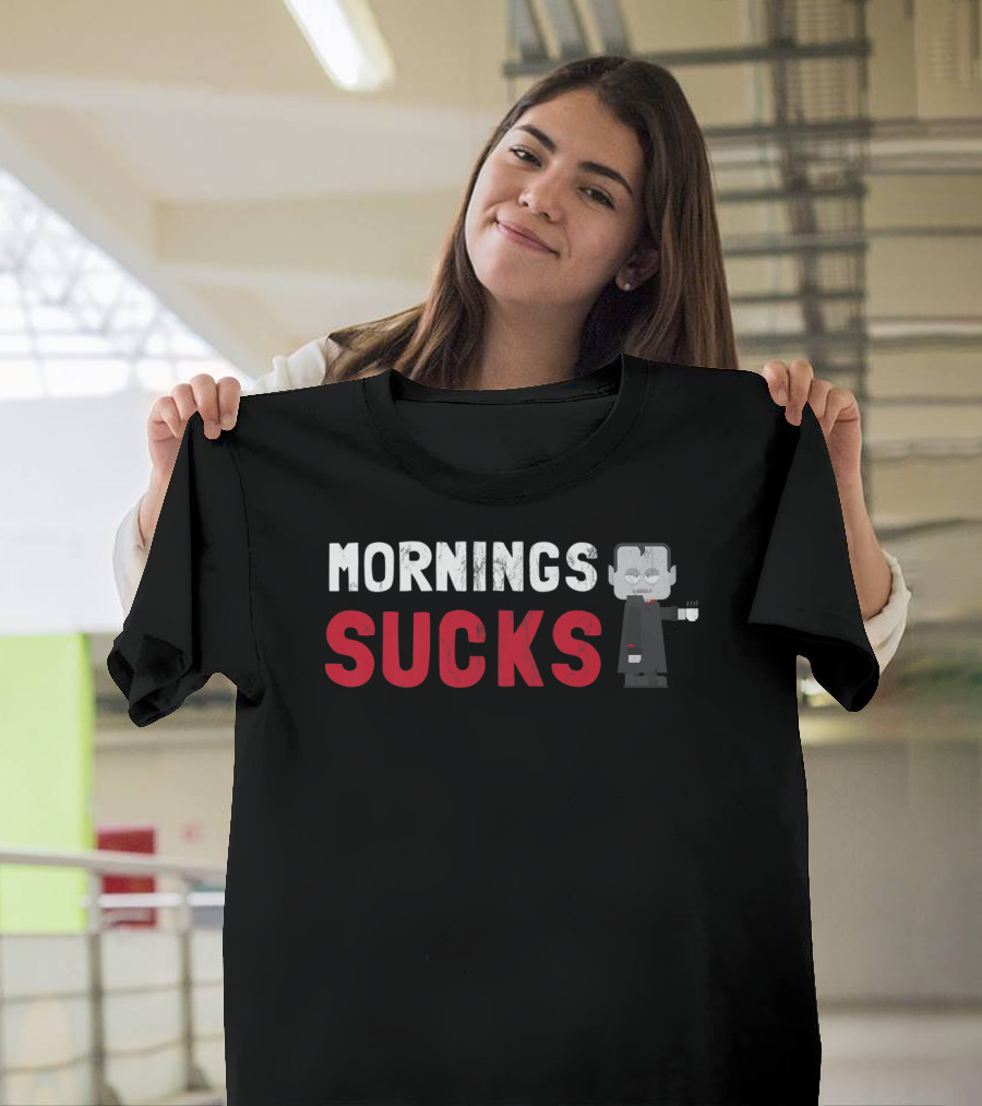 Mornings Suck Cute Vampire Holding Coffee Cup T-Shirt