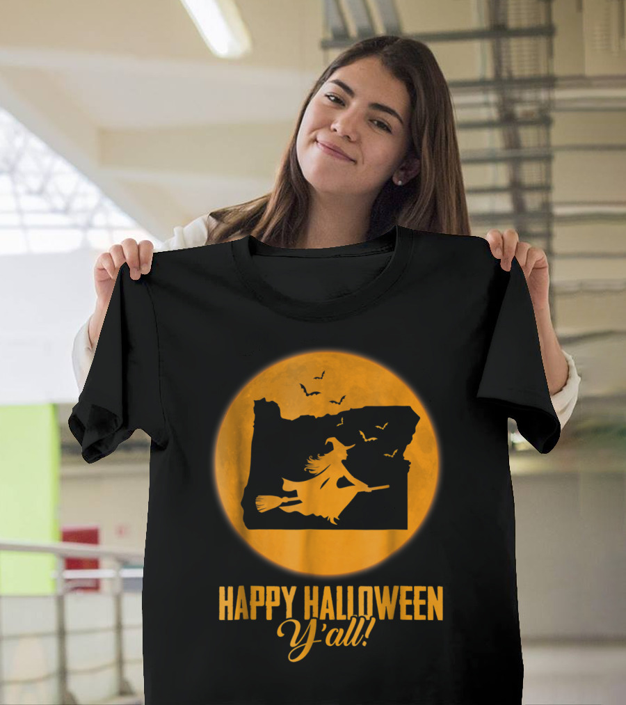Oregon Witch Map with Happy Halloween Y'all Moon and Bats T-Shirt