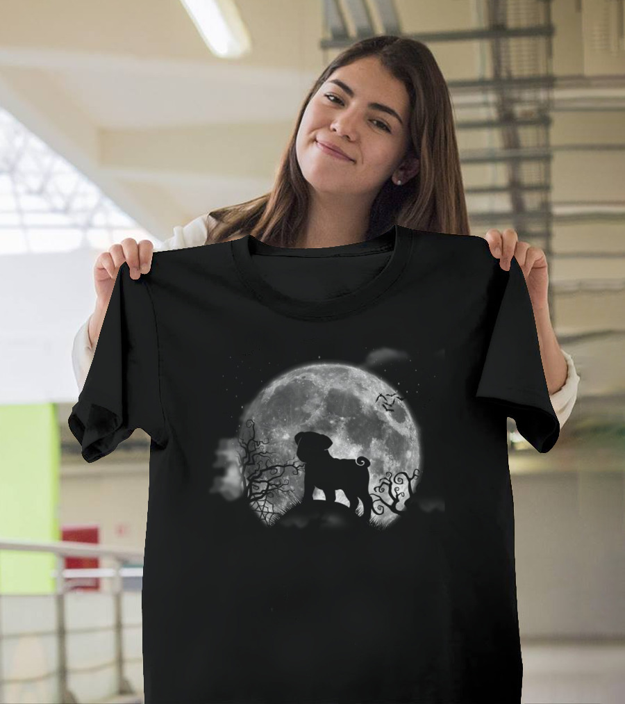 Pug Dog Silhouette Against Moon with Spooky Trees and Bats Halloween Scene T-Shirt