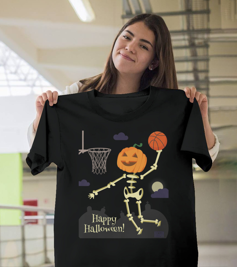 Happy Halloween Pumpkin Head Skeleton Dunking Basketball T-Shirt