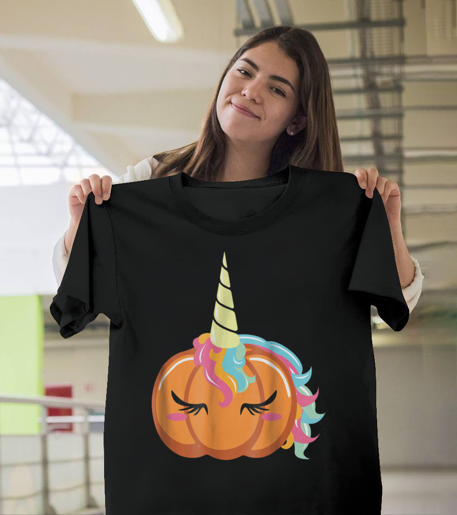 Pumpkin Unicorn Emoji Face with Rainbow Mane and Horn T-Shirt