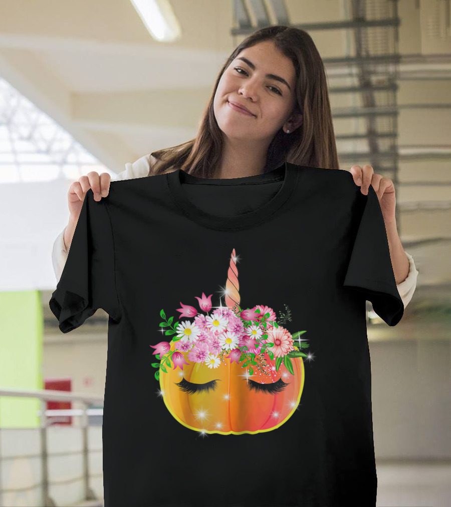 Whimsical Unipumpkin Unicorn Pumpkin with Floral Accents and Sleeping Eyes T-Shirt