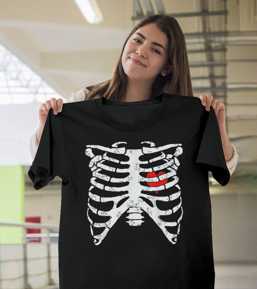 Skeleton Ribcage with Red Heart Motif T-Shirt