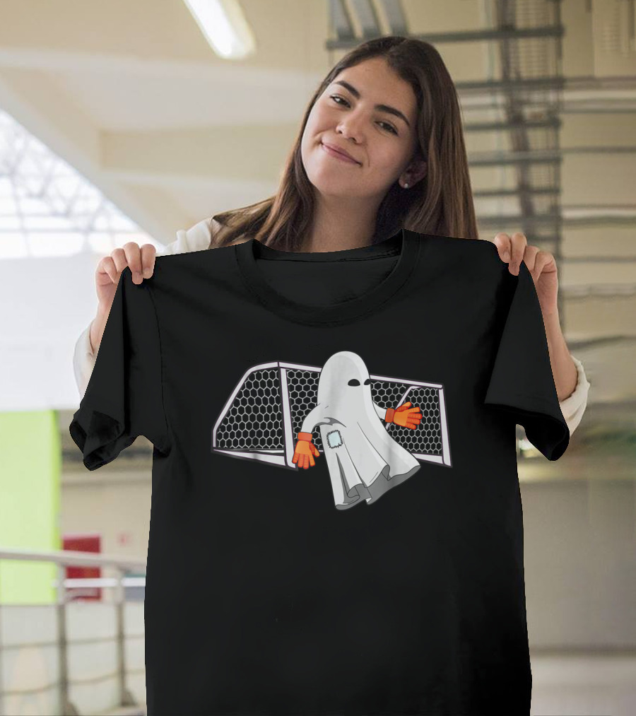 Soccer Halloween Ghost in Goalkeeper Gloves with Soccer Net T-Shirt