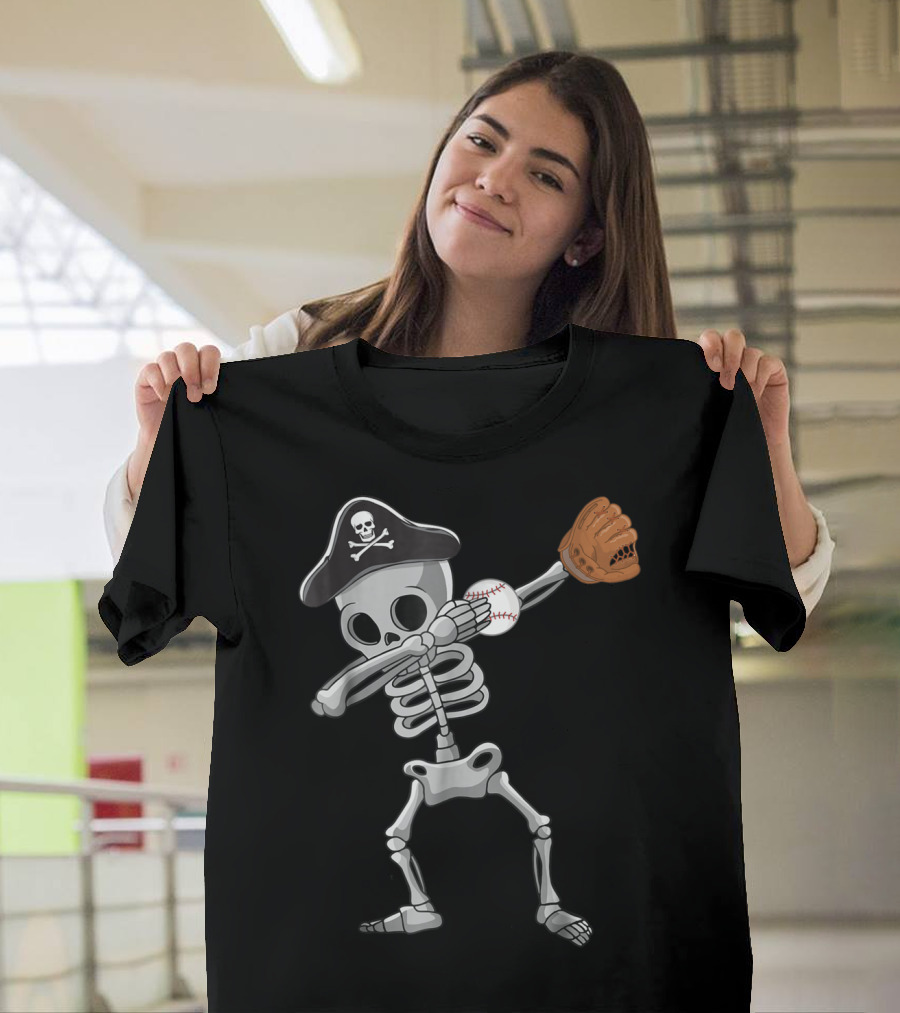 Softball Skeleton Dabbing with Pirate Hat and Glove T-Shirt
