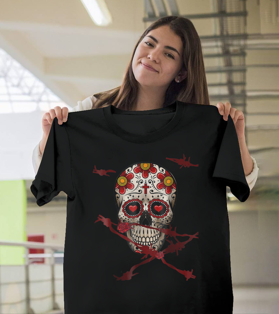 Day Of The Dead Sugar Skull Halloween Floral T-Shirt