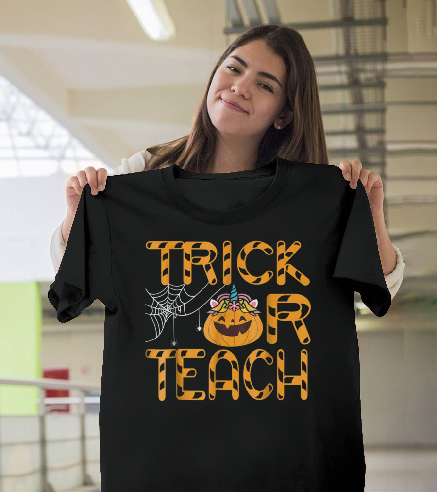 Trick Or Teach Pumpkin Unicorn with Spider Web Halloween T-Shirt