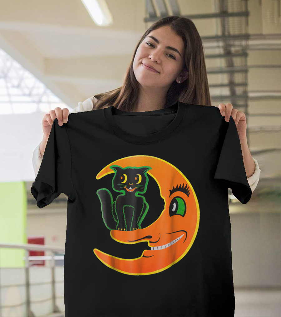 Vintage Halloween Beistle Cat on the Grinning Orange Moon T-Shirt