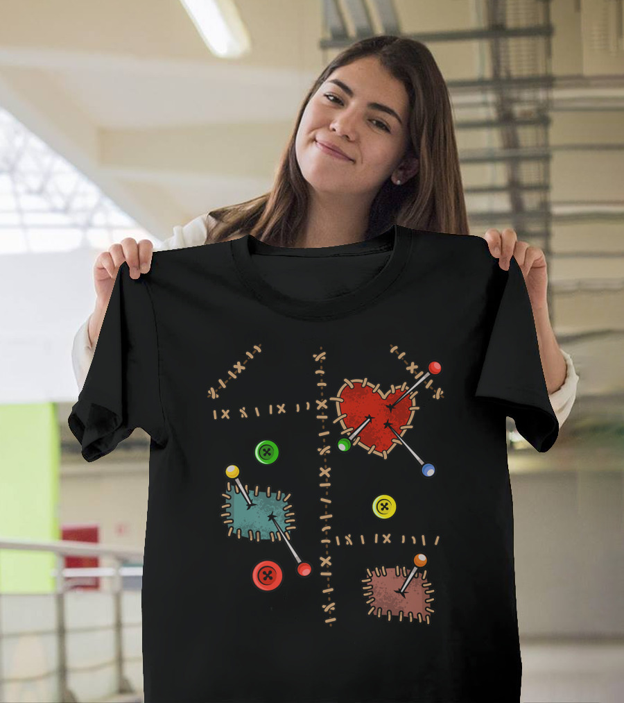 Voodoo Doll Halloween Costume Creepy Heart Patches Pins Buttons Stitches T-Shirt