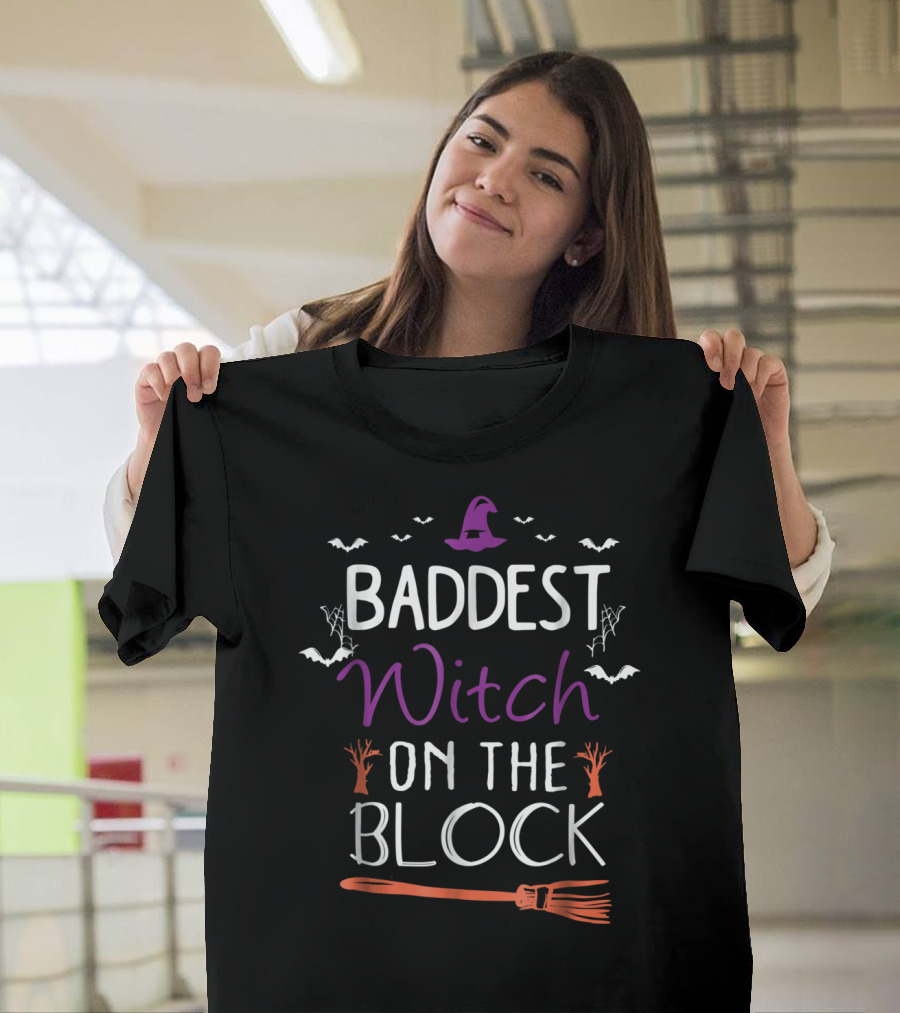 Baddest Witch on the Block Halloween Mom Bat Broomstick Hat T-Shirt