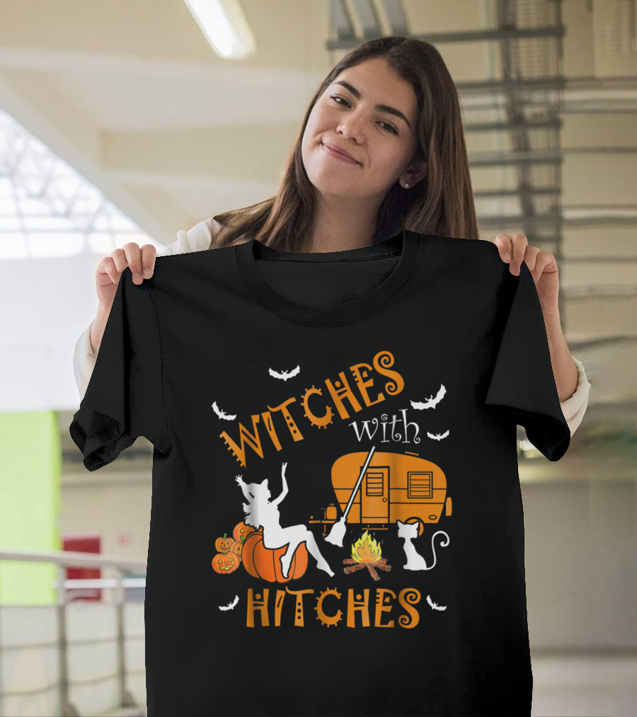 Witches With Hitches Pumpkins Fire Cat Broom Bats Camper T-Shirt