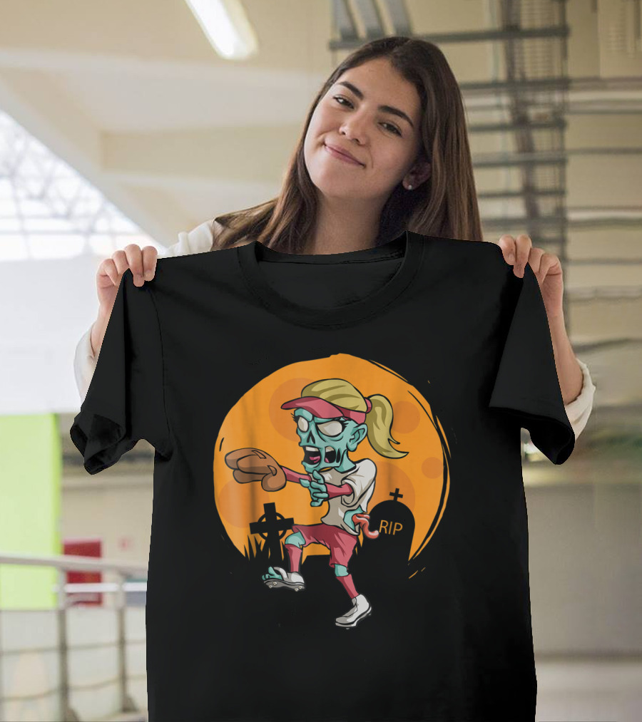 Zombie Softball Player with Graveyard Background T-Shirt