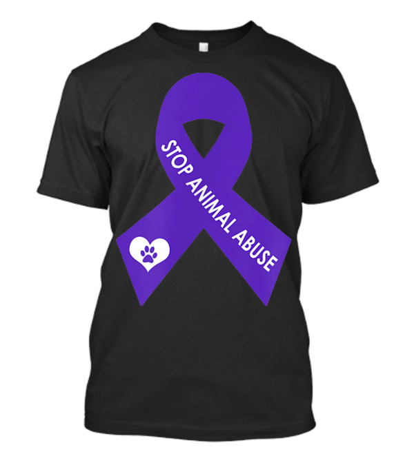 STOP ANIMAL ABUSE Awareness Purple Ribbon With Paw Heart T-Shirt