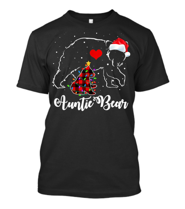 Auntie Bear Red Plaid Christmas Tree Santa Hat Heart T-Shirt
