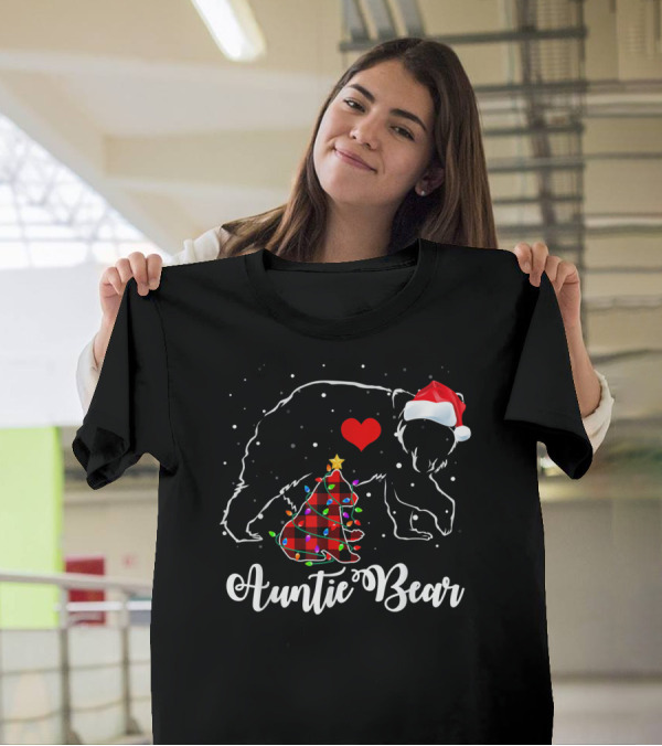 Auntie Bear Red Plaid Christmas Tree Santa Hat Heart T-Shirt