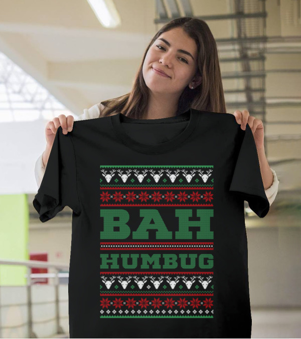 Bah Humbug Christmas Sweater Pattern With Festive Reindeer And Snowflakes T-Shirt