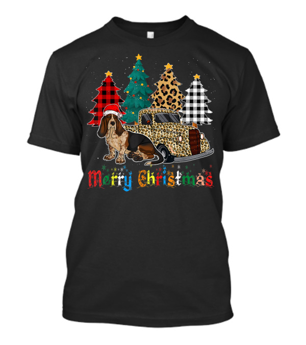 Merry Christmas Basset Hound Leopard Plaid Truck With Christmas Trees T-Shirt