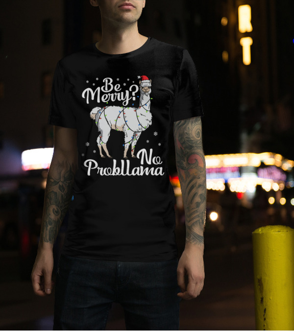 Be Merry No Probllama Santa Llama Christmas Lights T-Shirt