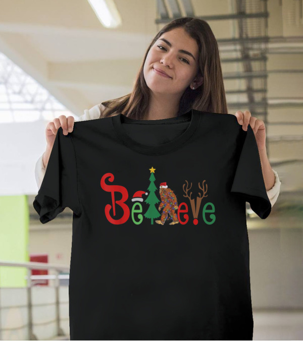 Believe Bigfoot Santa Hat Christmas Tree Reindeer Antlers T-Shirt