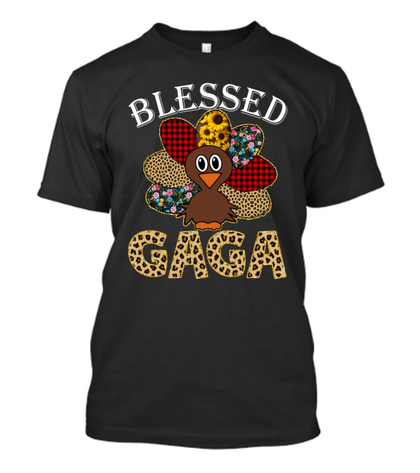 Blessed Gaga Turkey Cartoon With Patterned Feathers T-Shirt