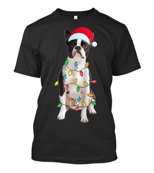 Boston Terrier Christmas Dog Wrapped In Lights With Santa Hat T-Shirt
