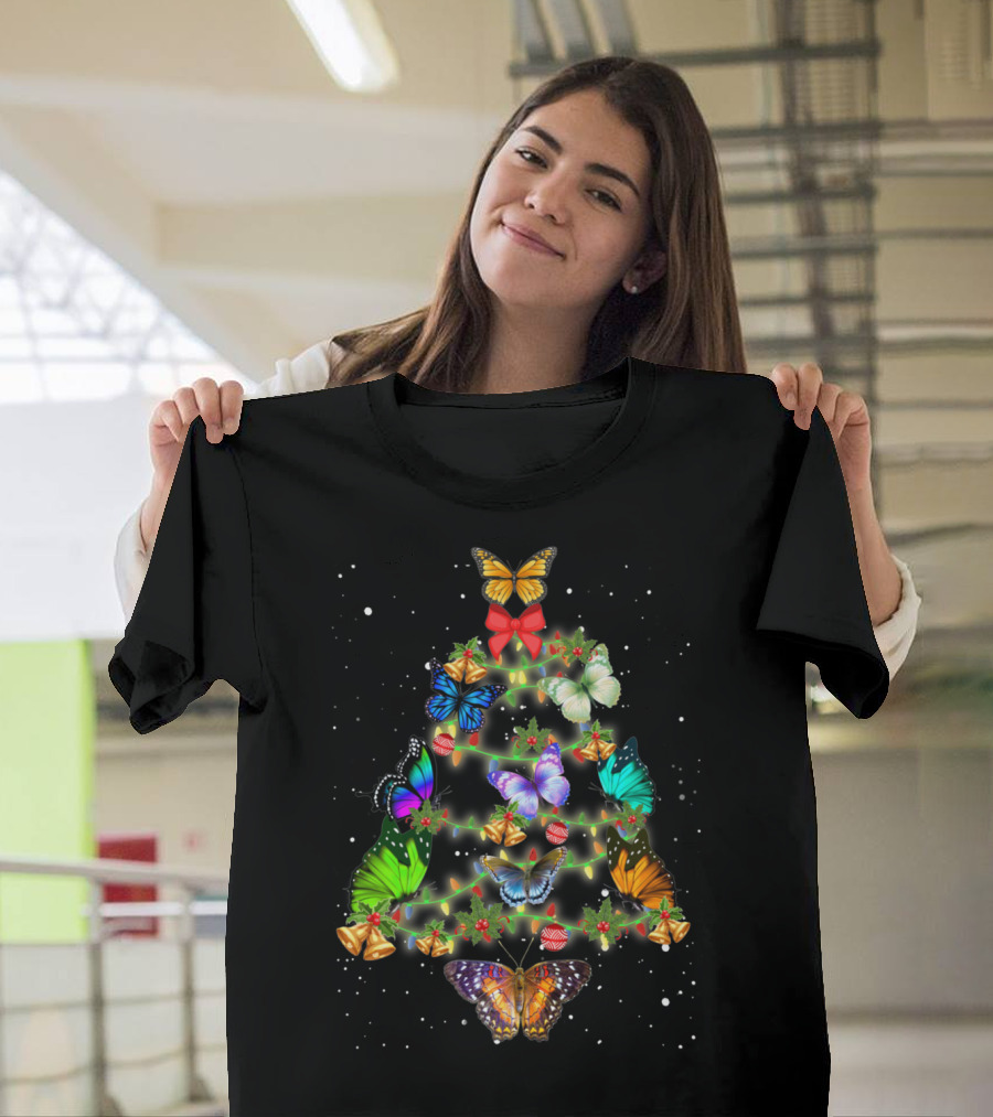 Butterflies Christmas Tree With Lights And Decorations T-Shirt