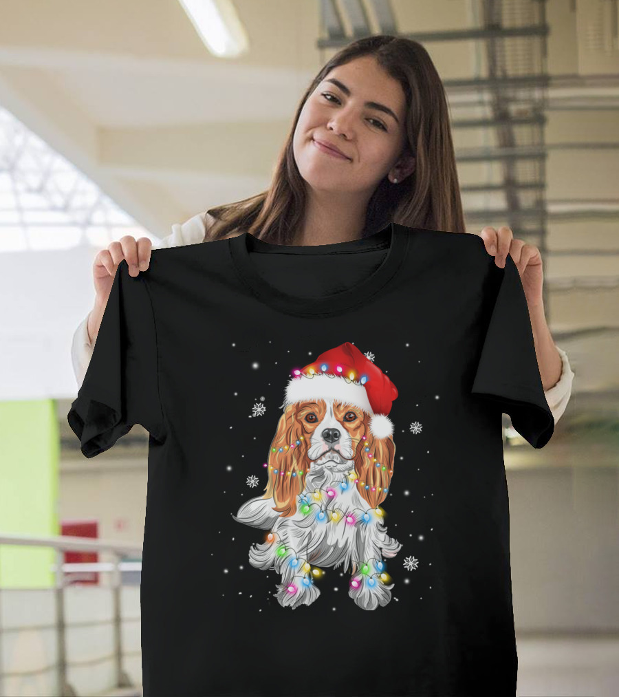 Cavalier King Charles Spaniel Dog in Santa Hat with Christmas Lights T-Shirt