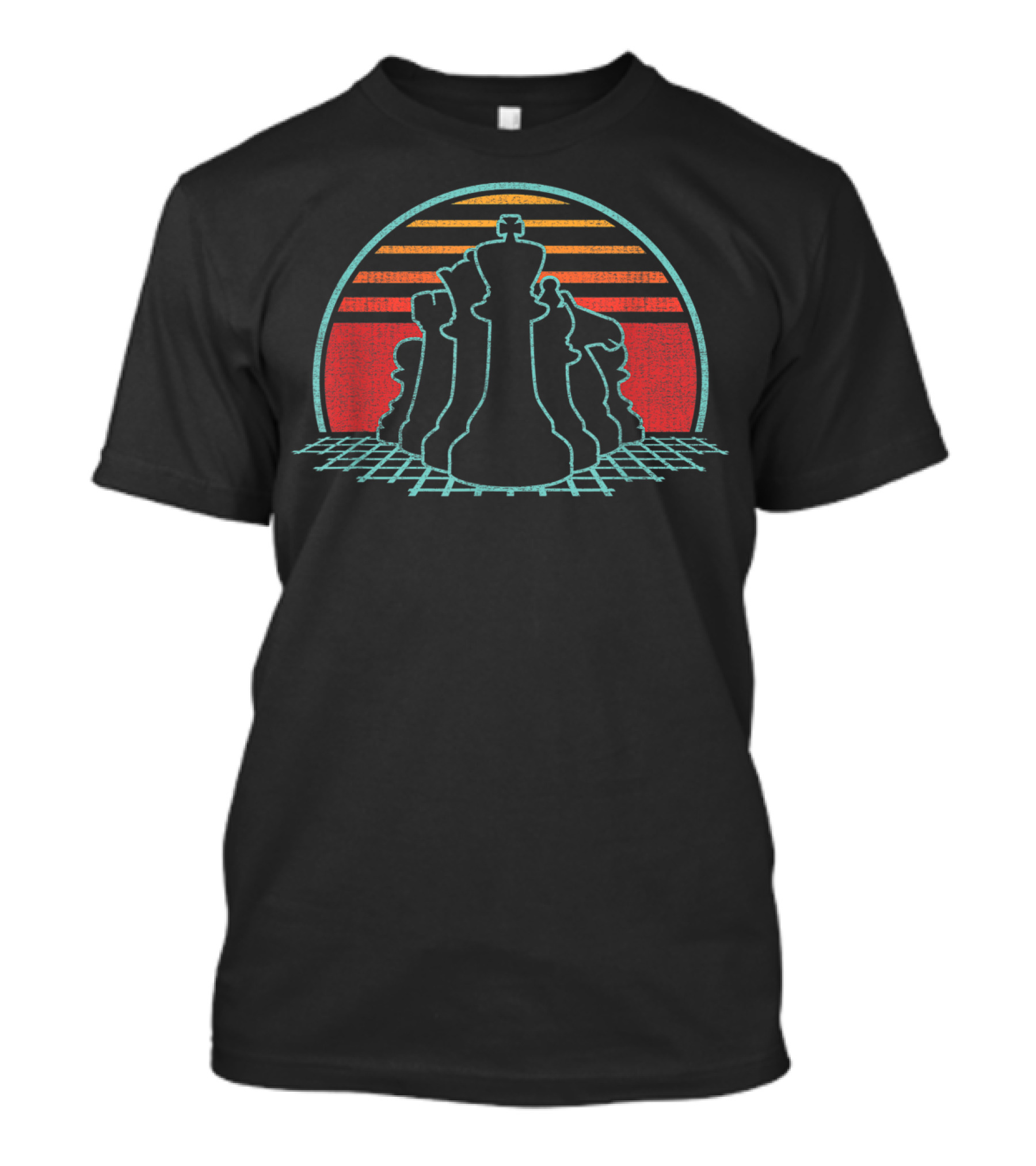 Vintage Chess Pieces With Retro 80s Sunset T-Shirt