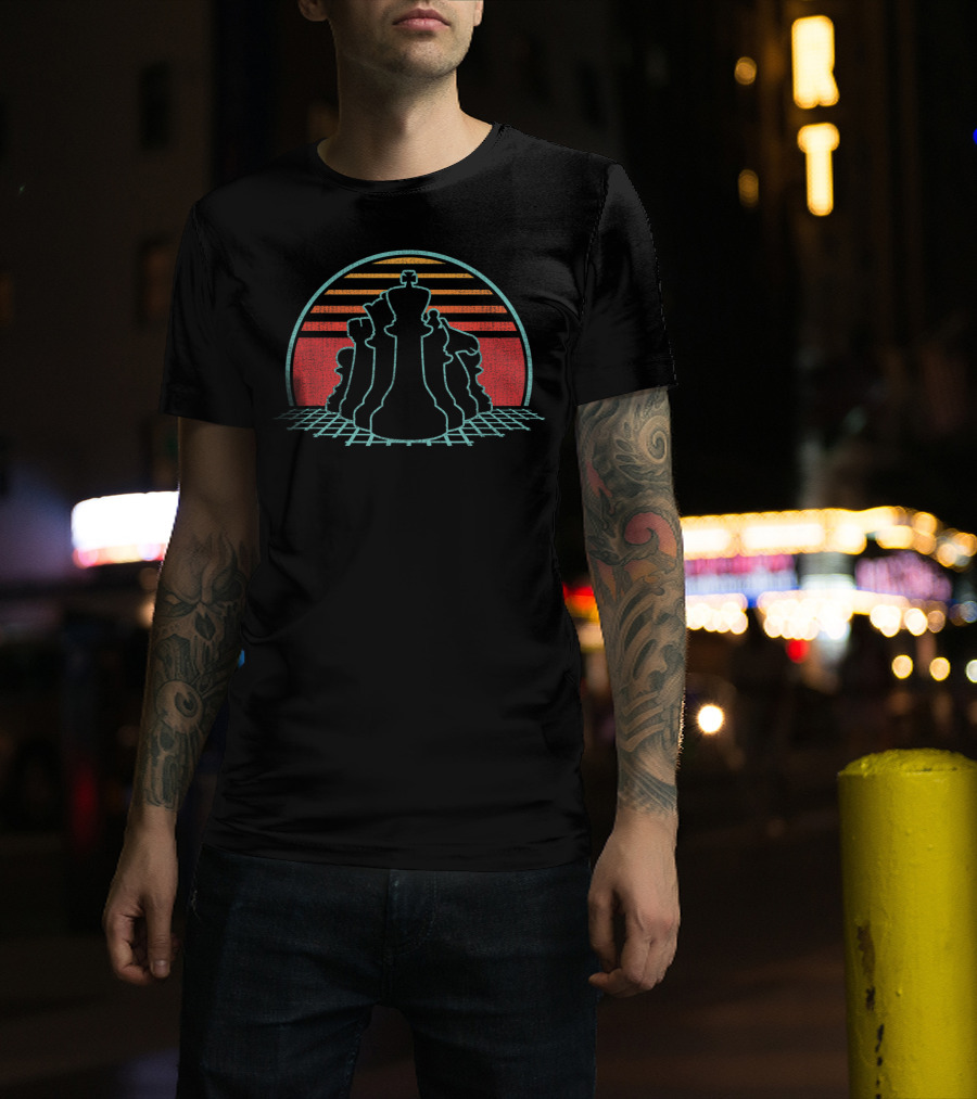 Vintage Chess Pieces With Retro 80s Sunset T-Shirt