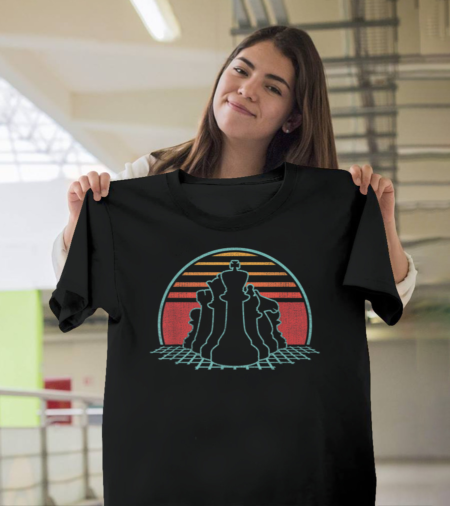 Vintage Chess Pieces With Retro 80s Sunset T-Shirt