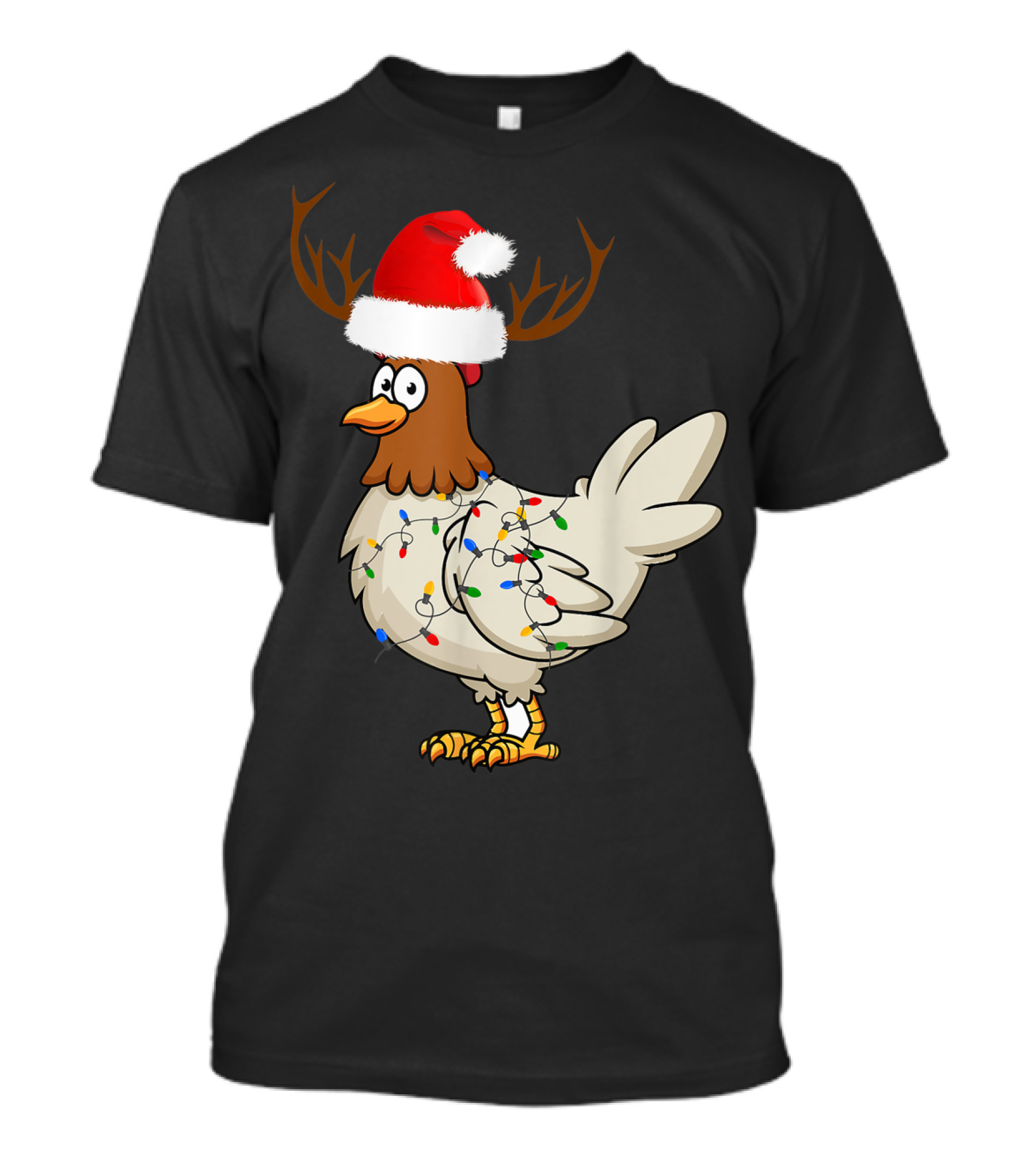 Chicken Christmas Reindeer Santa Hat Lights T-Shirt