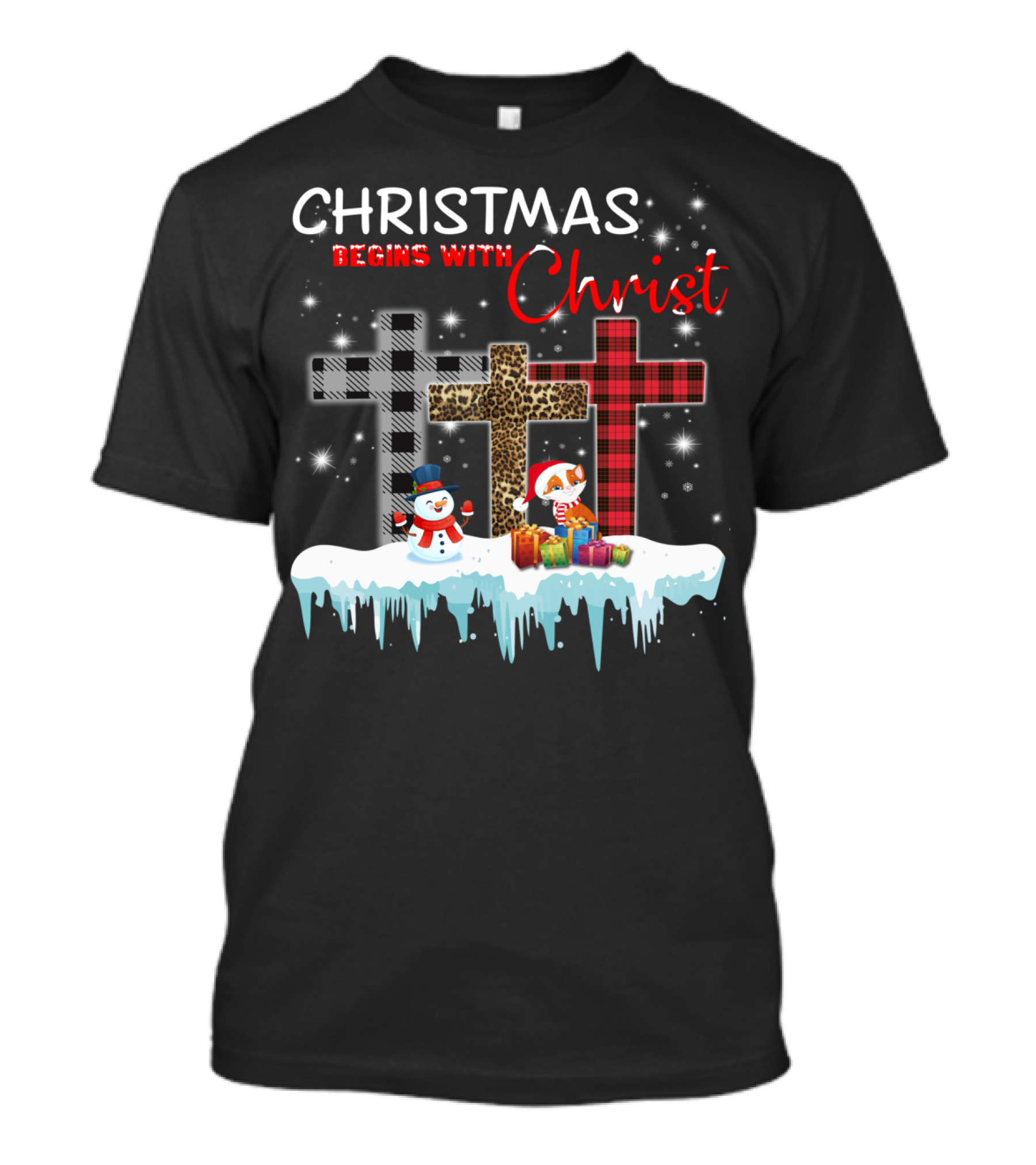 Christmas Begins With Christ Cat Snowman Gifts Crosses T-Shirt