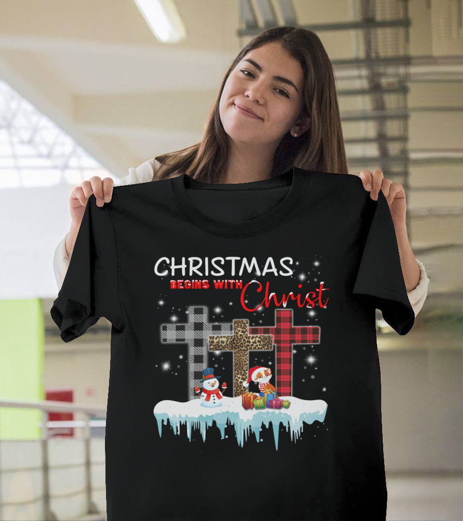 Christmas Begins With Christ Cat Snowman Gifts Crosses T-Shirt