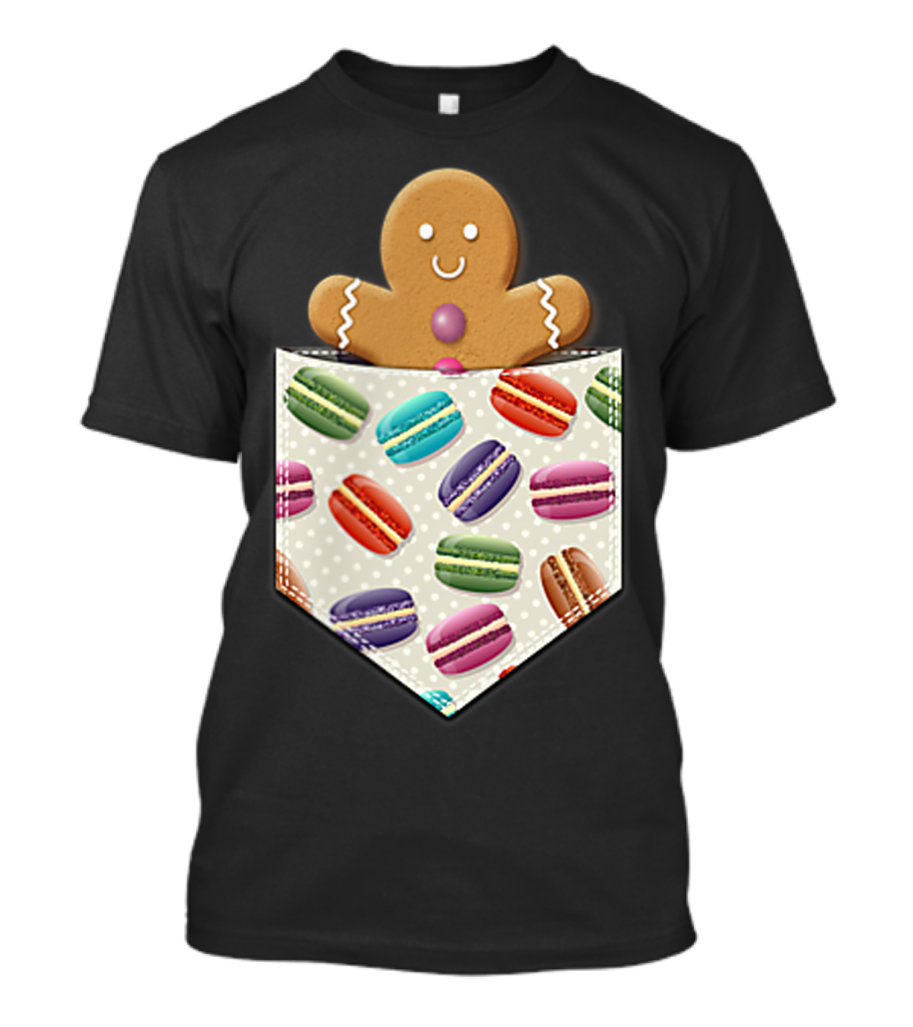 Christmas Gingerbread Man In Pocket With Colorful Macaroons T-Shirt