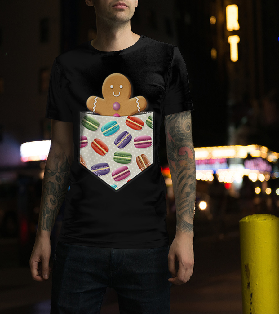 Christmas Gingerbread Man In Pocket With Colorful Macaroons T-Shirt