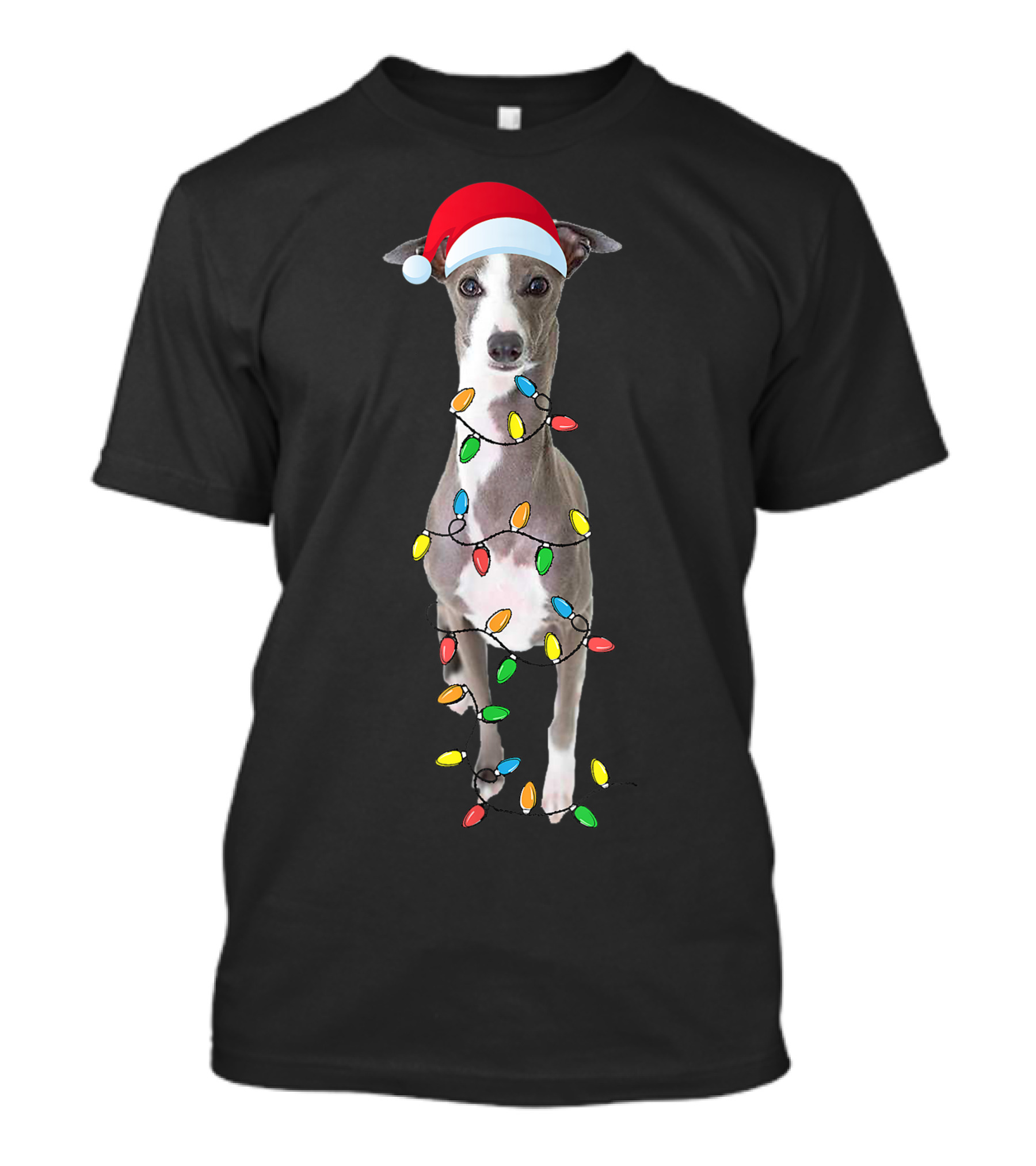 Christmas Italian Greyhound With Santa Hat And Holiday Lights T-Shirt