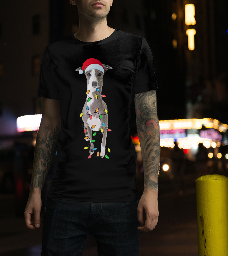 Christmas Italian Greyhound With Santa Hat And Holiday Lights T-Shirt