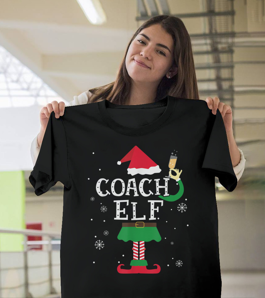 COACH ELF Santa Hat Festive Attire with Drink and Snowflakes T-Shirt