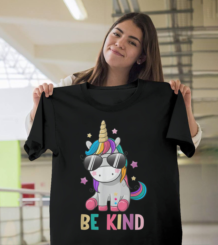 Be Kind Cute Unicorn with Sunglasses and Stars T-Shirt