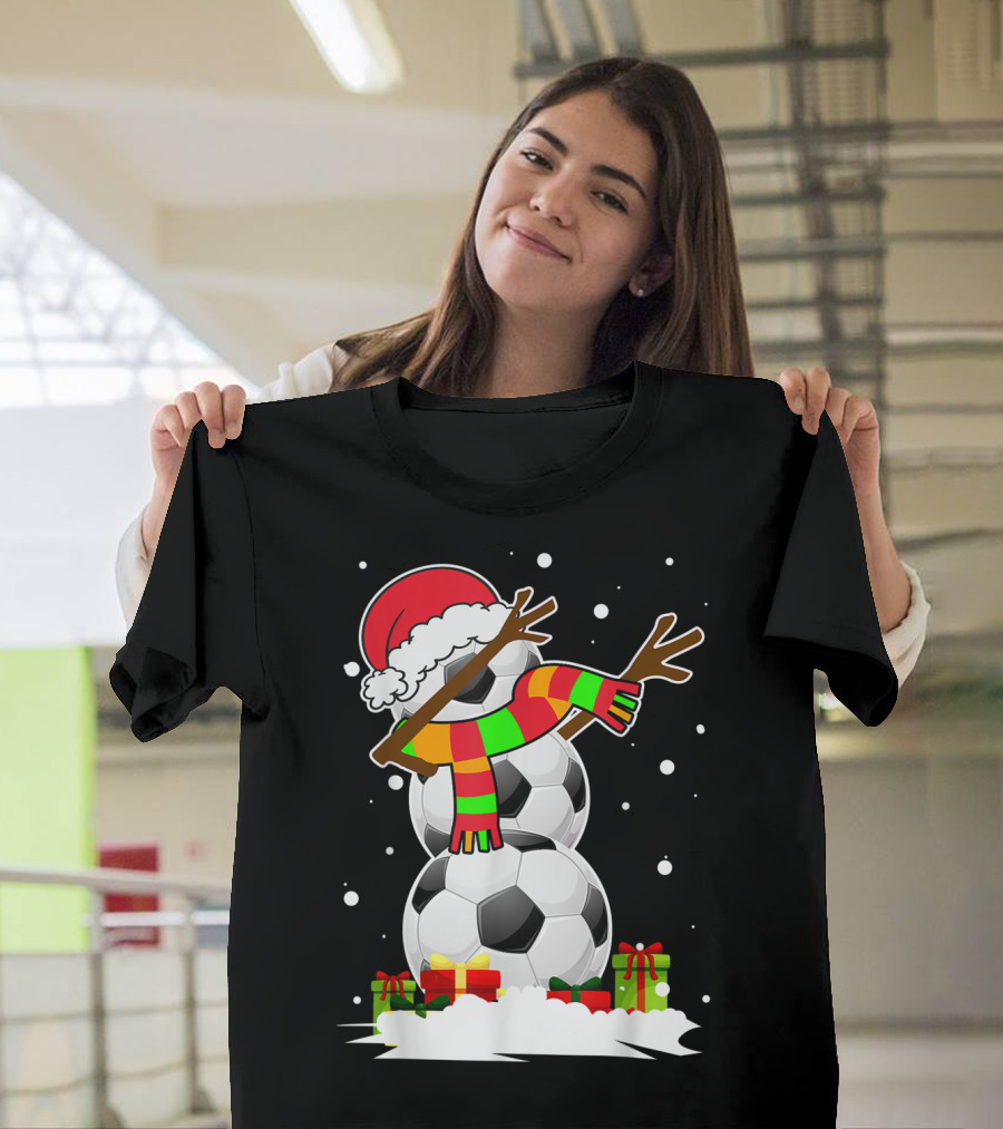 Dabbing Snowman Soccer Ball Christmas Santa Hat Funny Dab T-Shirt