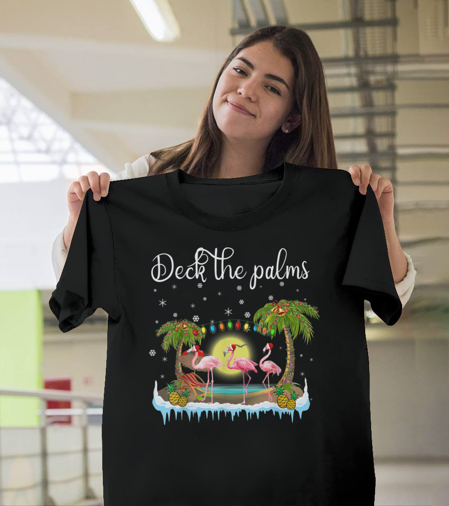 Deck The Palms Christmas Flamingo Under Tropical Lights T-Shirt
