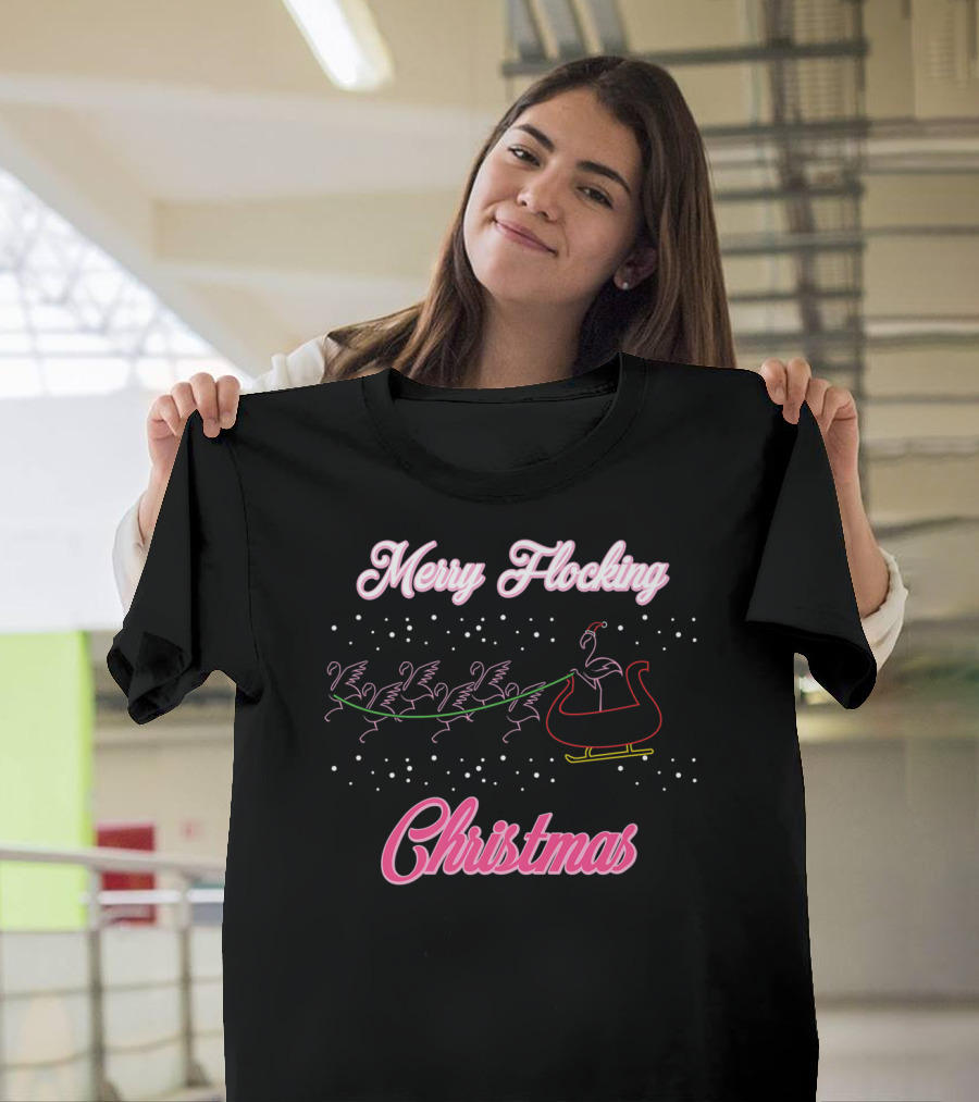 Merry Flocking Christmas Pink Flamingo Sleigh Santa T-Shirt