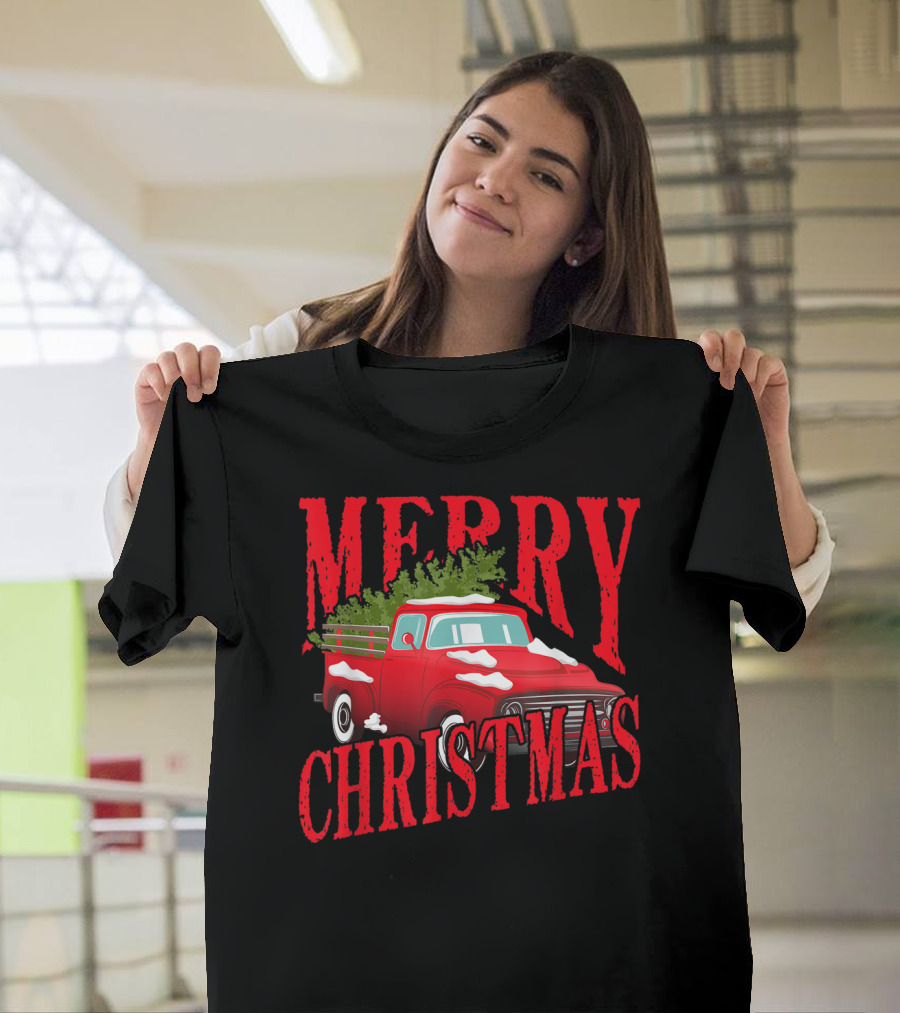 Merry Christmas Retro Red Truck with Tree and Snow T-Shirt