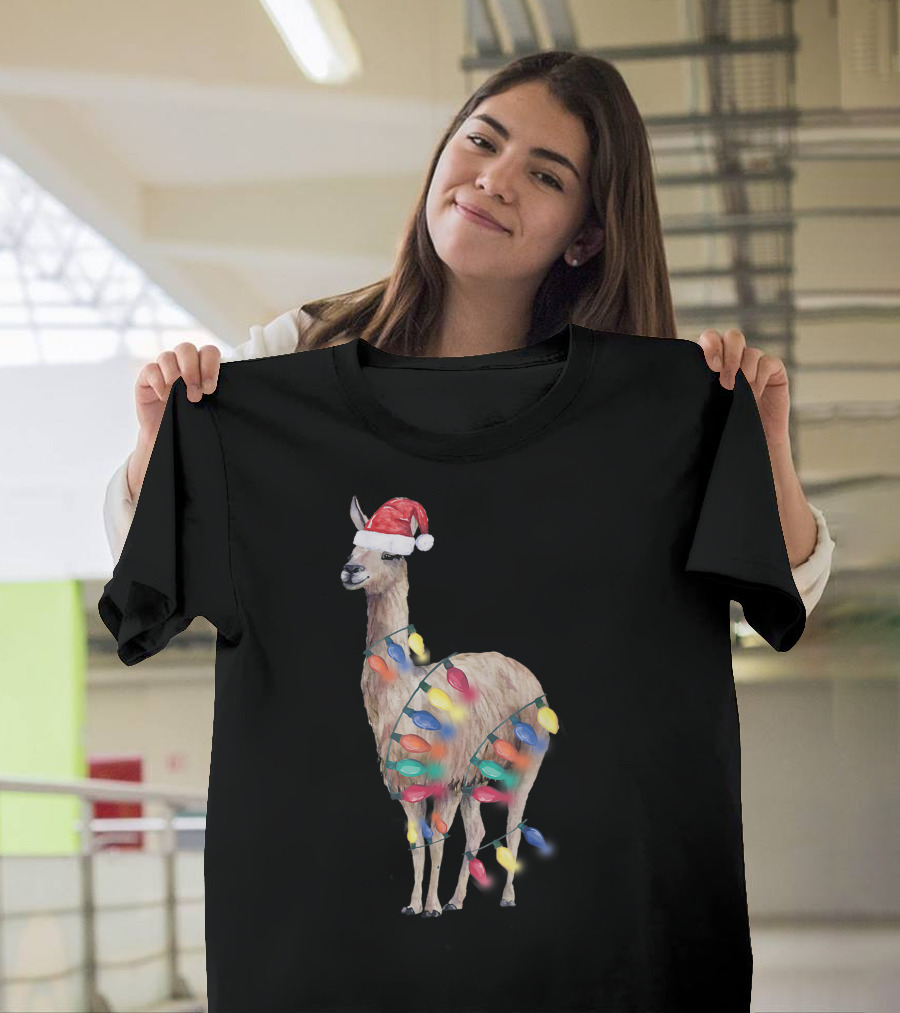 Santa Llama in Christmas Lights Llama Lover Holiday Cheer T-Shirt