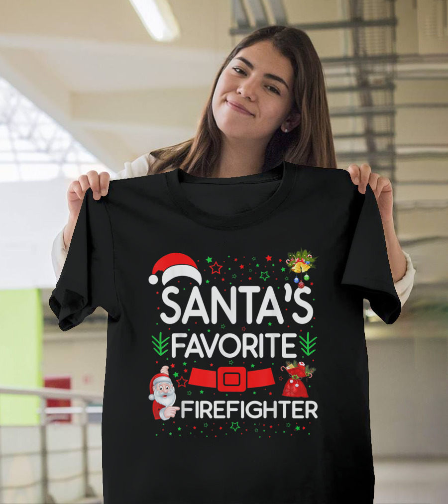 Santa's Favorite Firefighter Christmas Humor with Santa Hat and Belt T-Shirt
